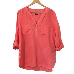 Talbots 100% Linen Button-Front Tunic Top Bright Coral size 2X